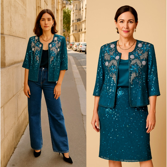 Nordstrom 2-Piece S Beaded SILK Suit SET Sequin Jacket Pull On Skirt Teal Blue - Picture 1 of 12